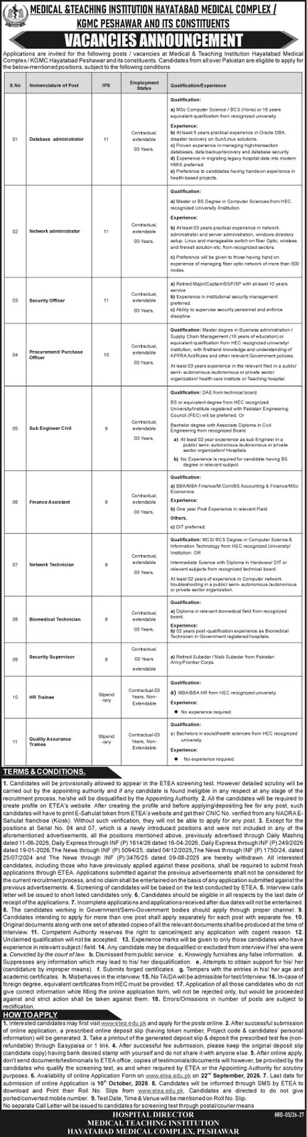 Medical and Teaching Institution Hayatabad Medical Complex (HMC) / KGMC - 2026 - newspaper advertisement