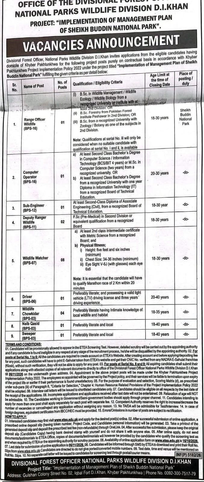 DFO Wildlife National Park WIldlife Division D.I.KHAN - 2026 - newspaper advertisement