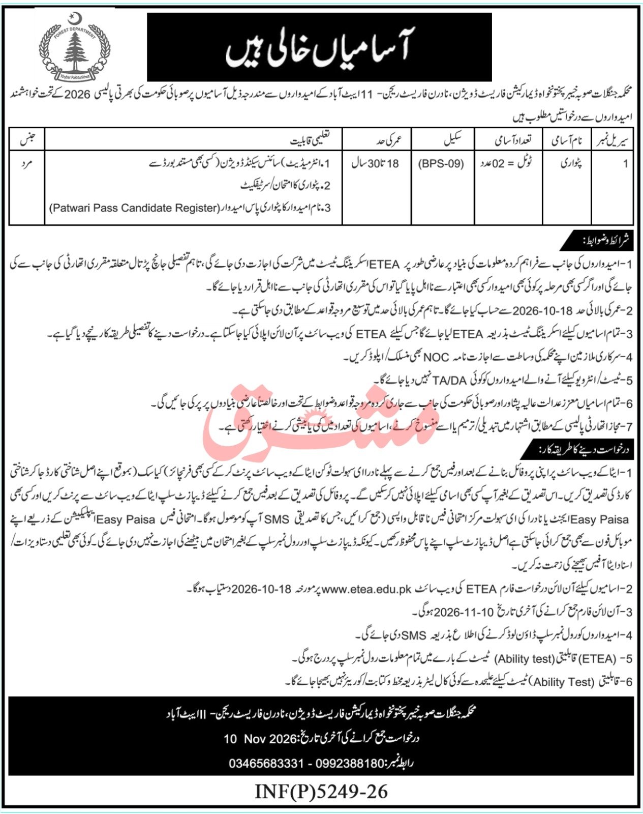 Forest Department KPK Demarcation Division Abbottabad - 2026 - newspaper advertisement