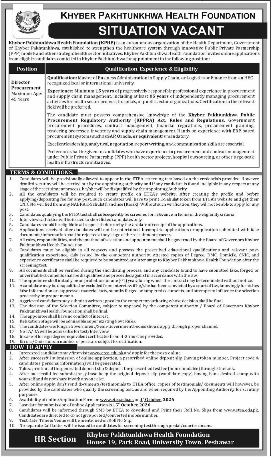 Khyber Pakhtunkhwa Health Foundation (KPHF) - 2026 - newspaper advertisement