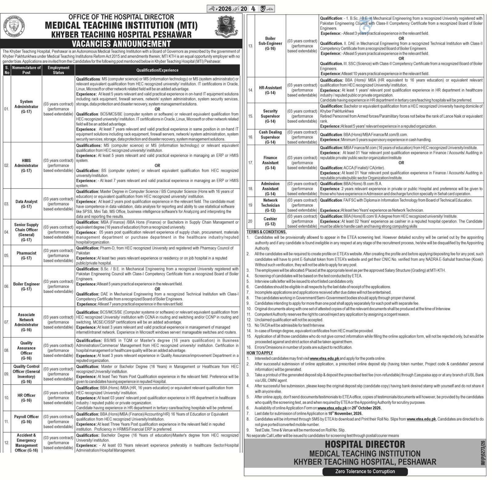 Medical Teaching Institution Khyber Teaching Hospital, Peshawar - 2026 - newspaper advertisement